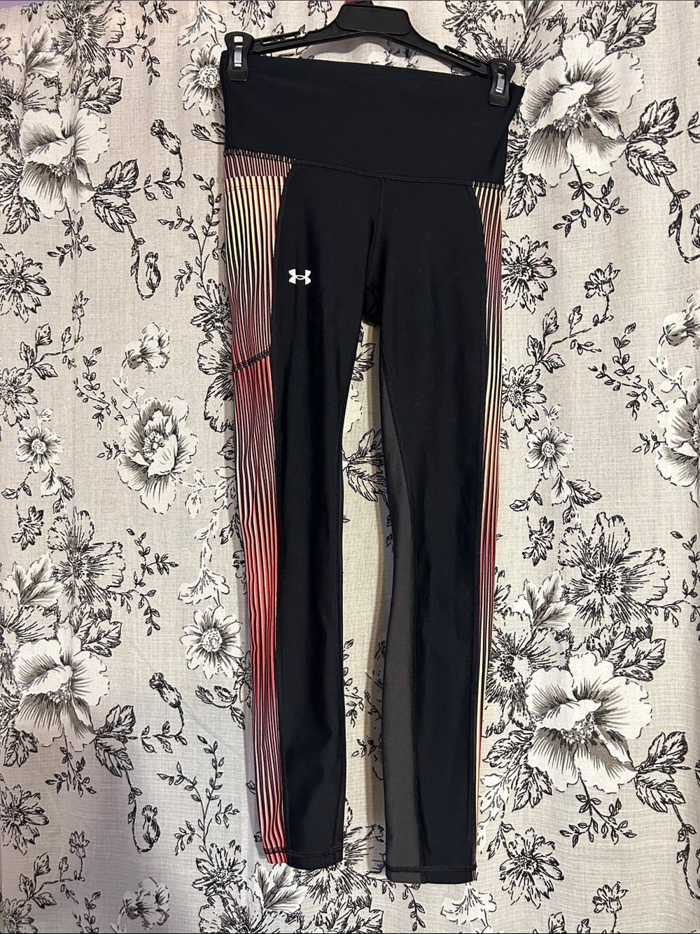 Under Armour Black Leggings with Red-to-Yellow Gradient Side Stripes